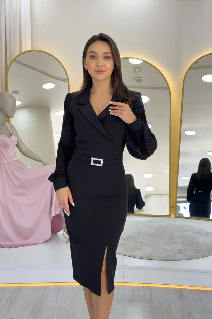 Siyah Kruvaze Yaka Kemerli Midi Boy Kalem Elbise