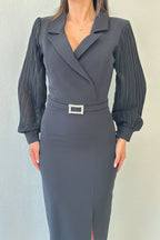 Siyah Kruvaze Yaka Kemerli Midi Boy Kalem Elbise