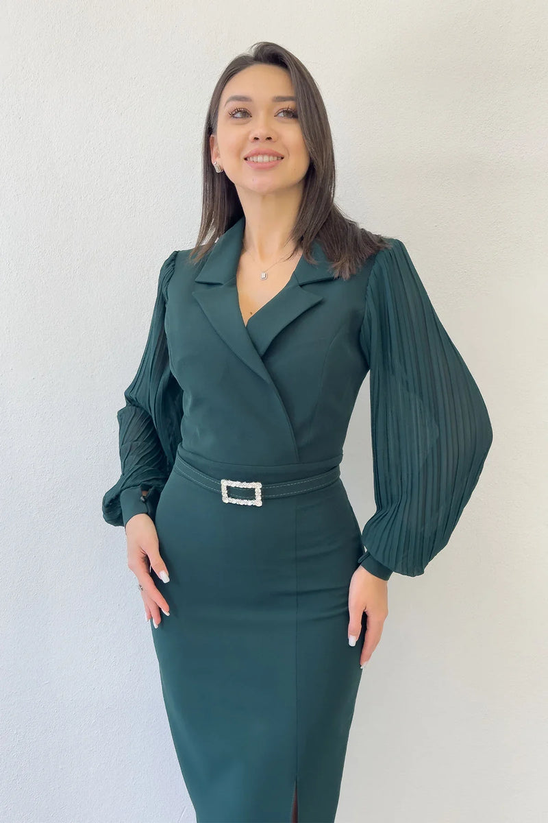 Yeşil Kruvaze Yaka Kemerli Midi Boy Kalem Elbise