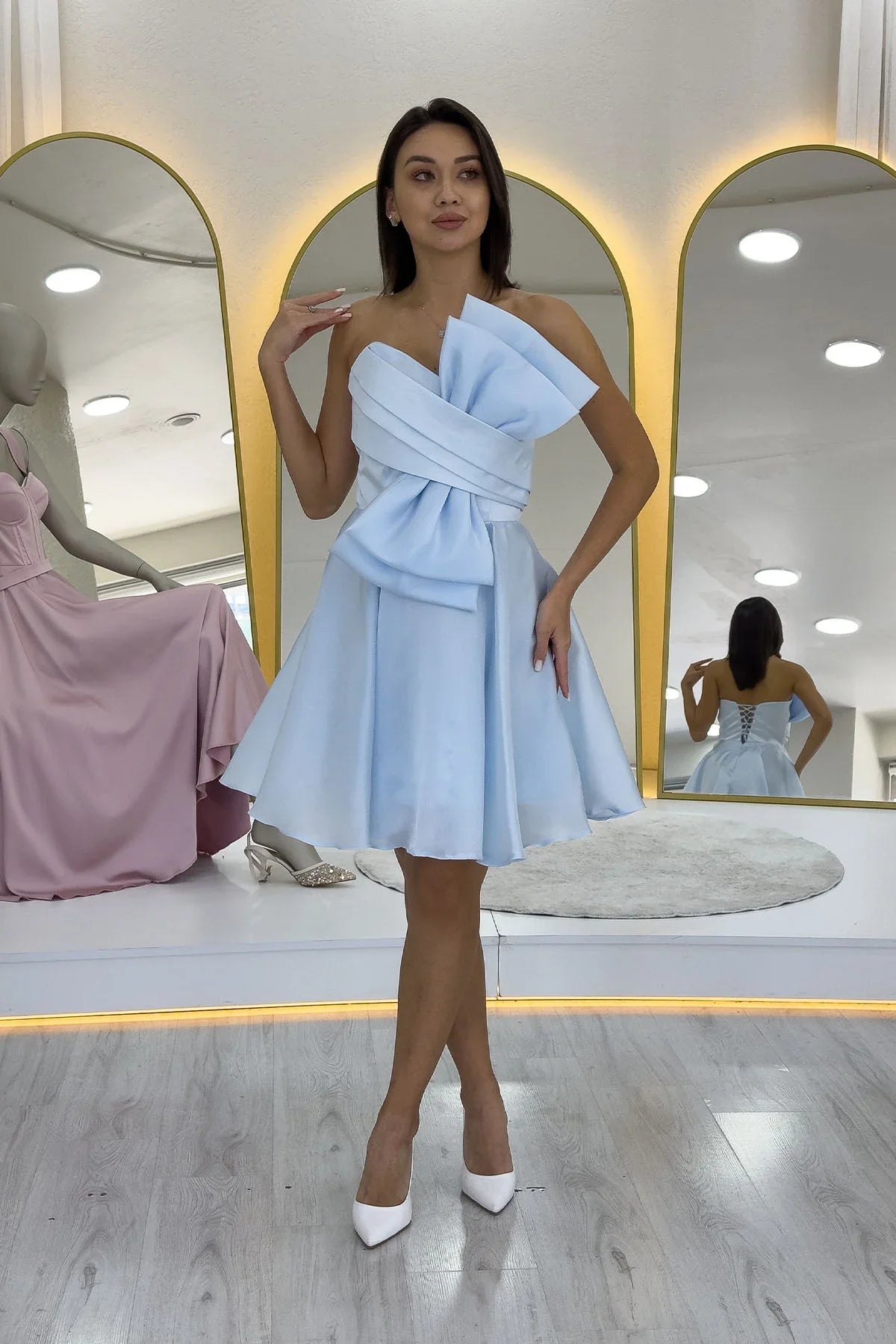 Bebe Mavi Fiyonklu Straplez Mini Kloş Abiye Elbise 