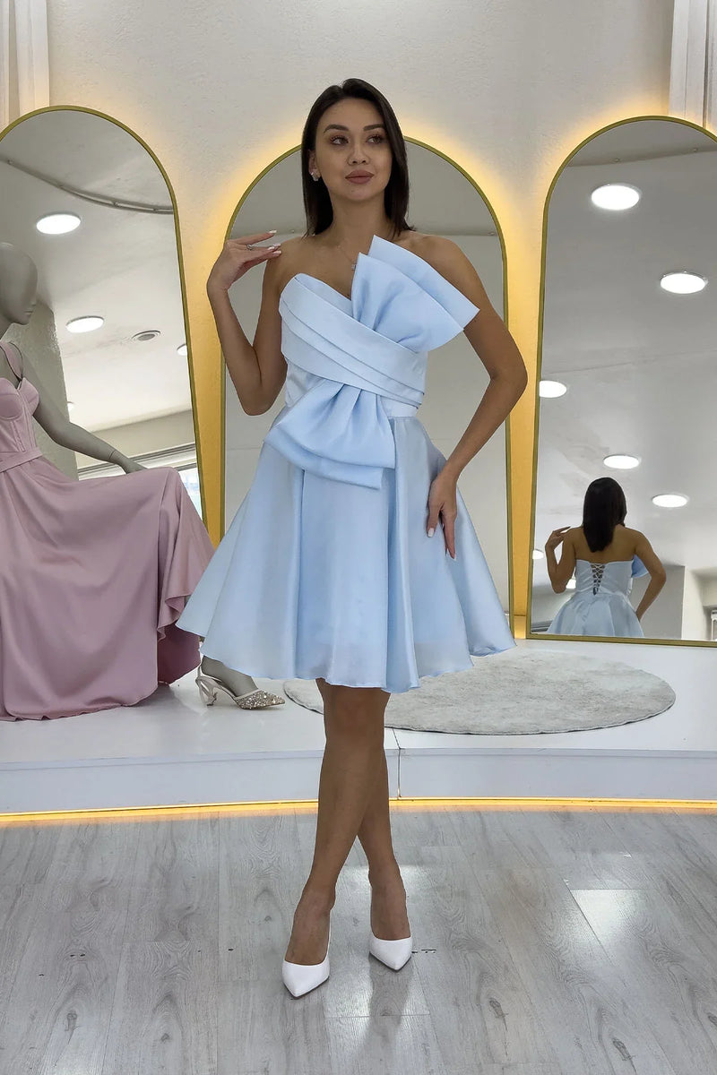 Bebe Mavi Fiyonklu Straplez Mini Kloş Abiye Elbise 