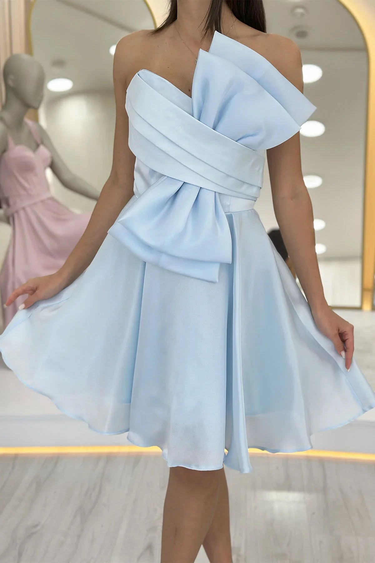 Bebe Mavi Fiyonklu Straplez Mini Kloş Abiye Elbise 