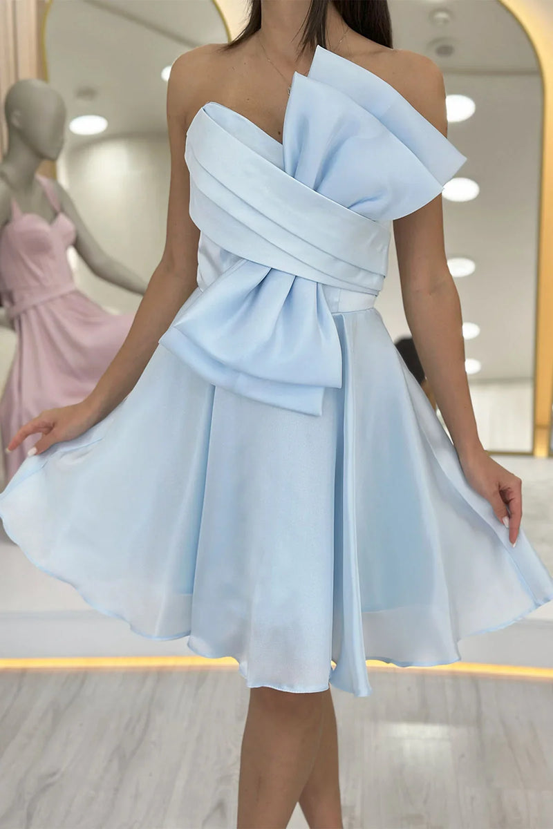 Bebe Mavi Fiyonklu Straplez Mini Kloş Abiye Elbise 