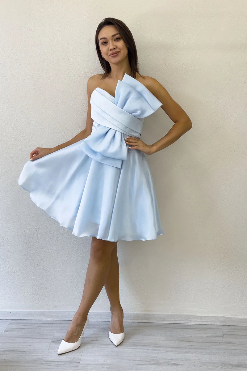 Bebe Mavi Fiyonklu Straplez Mini Kloş Abiye Elbise 