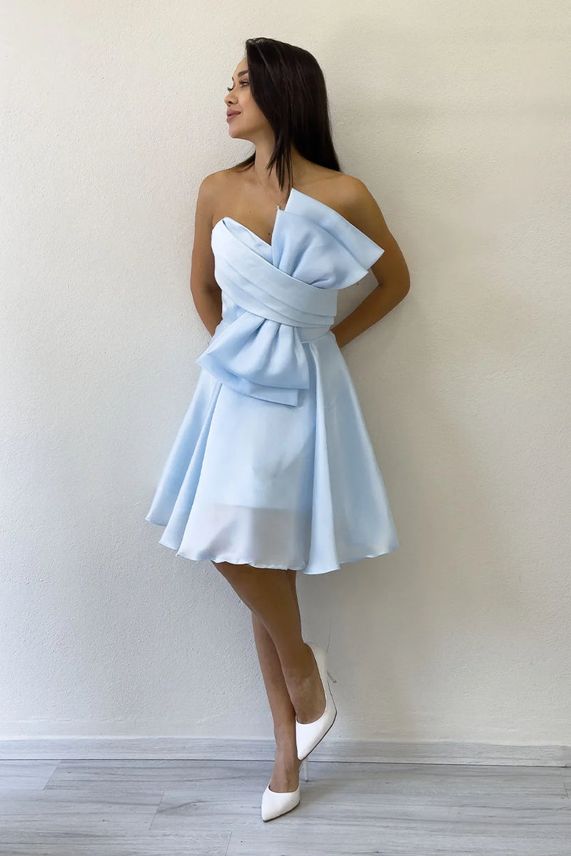 Bebe Mavi Fiyonklu Straplez Mini Kloş Abiye Elbise 