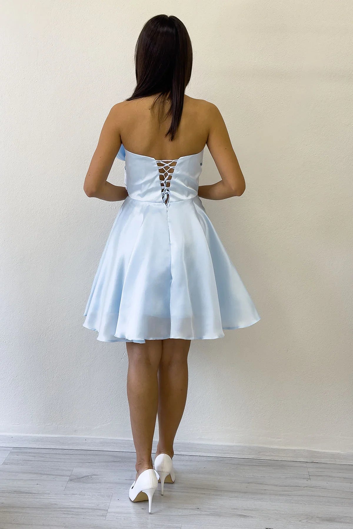 Bebe Mavi Fiyonklu Straplez Mini Kloş Abiye Elbise 