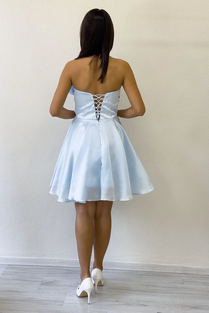 Bebe Mavi Fiyonklu Straplez Mini Kloş Abiye Elbise 