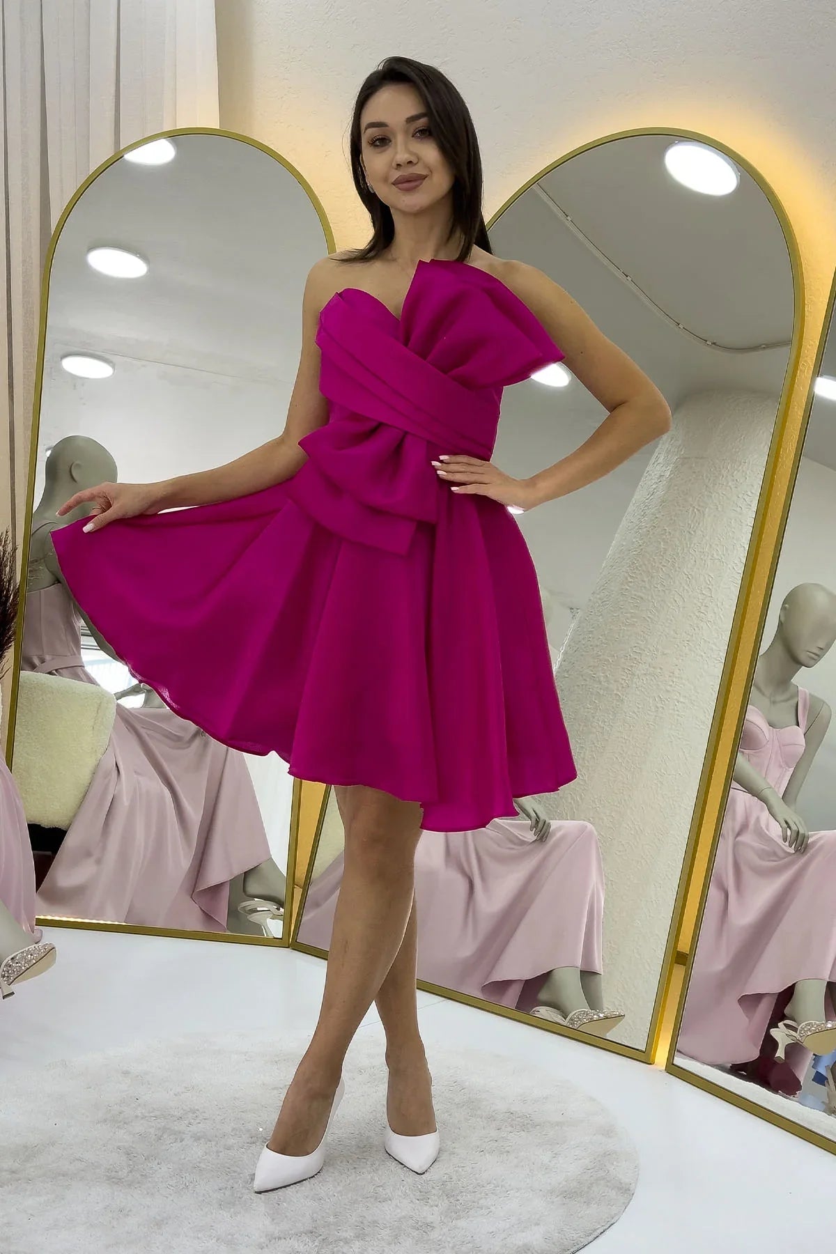 Fuşya Fiyonklu Straplez Mini Kloş Abiye Elbise 
