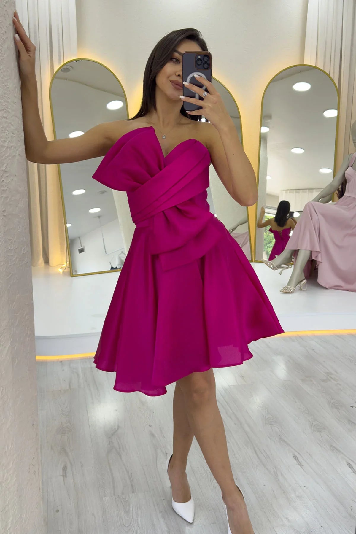 Fuşya Fiyonklu Straplez Mini Kloş Abiye Elbise 