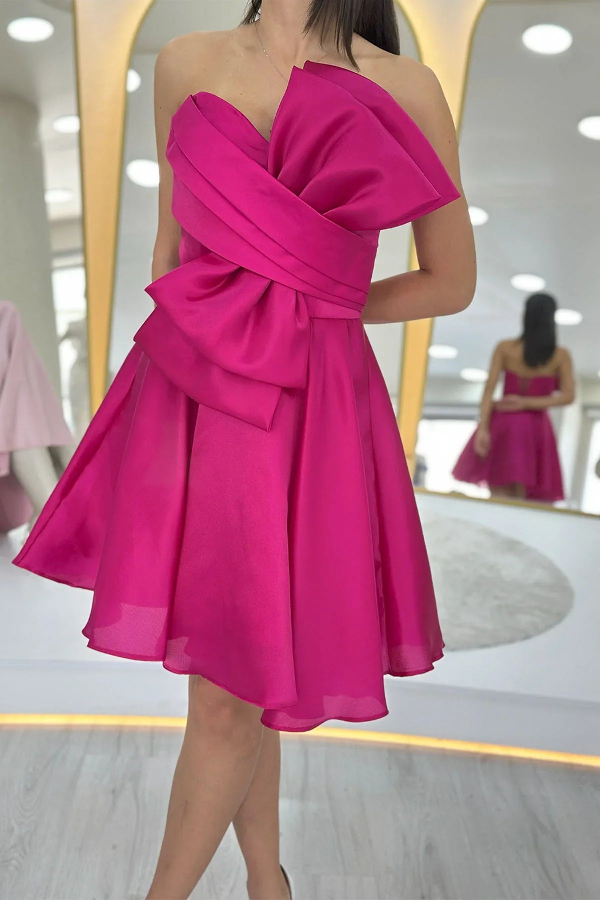 Fuşya Fiyonklu Straplez Mini Kloş Abiye Elbise 