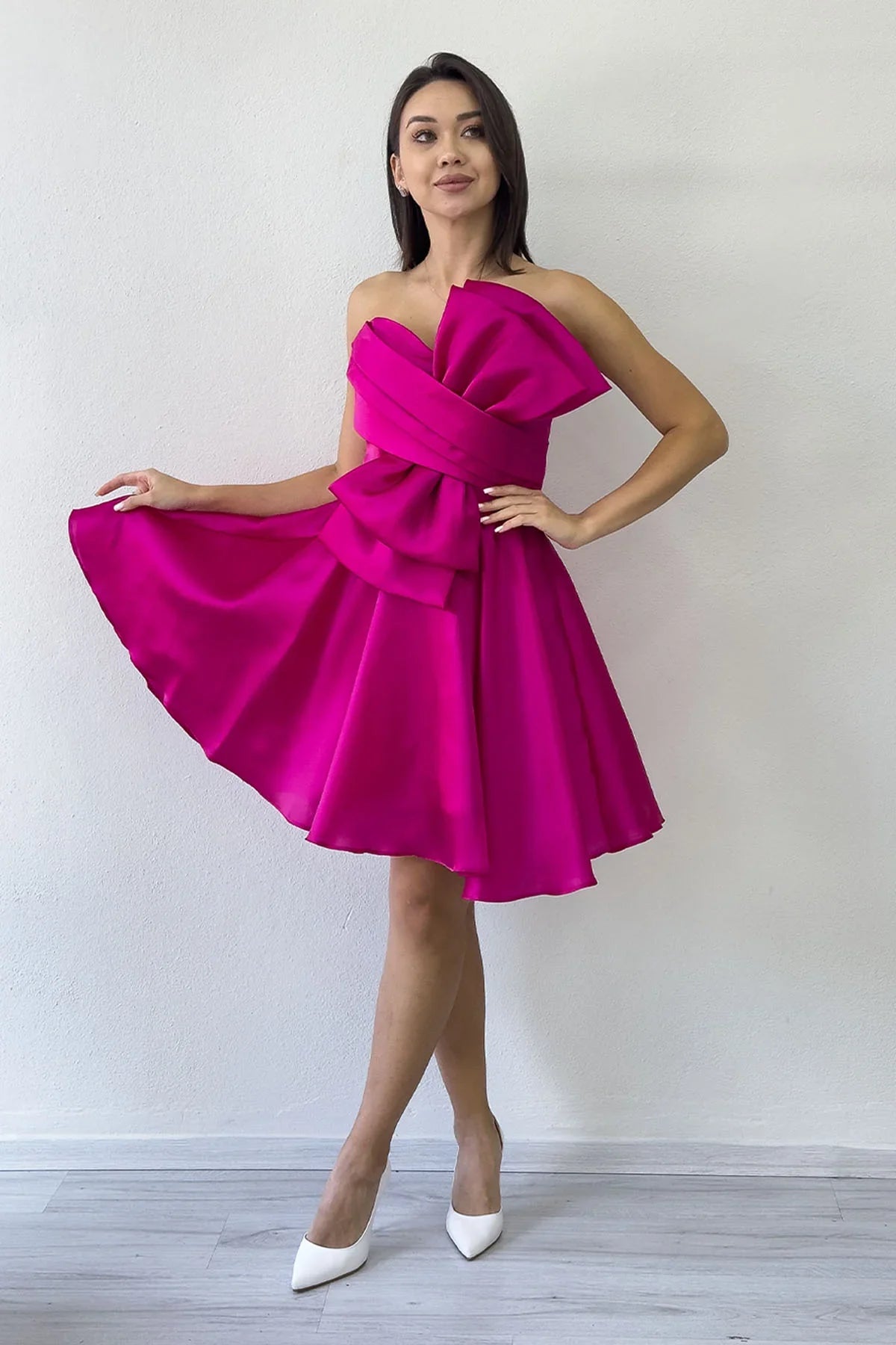 Fuşya Fiyonklu Straplez Mini Kloş Abiye Elbise 