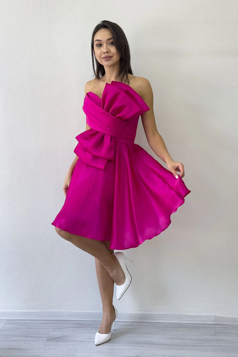 Fuşya Fiyonklu Straplez Mini Kloş Abiye Elbise 