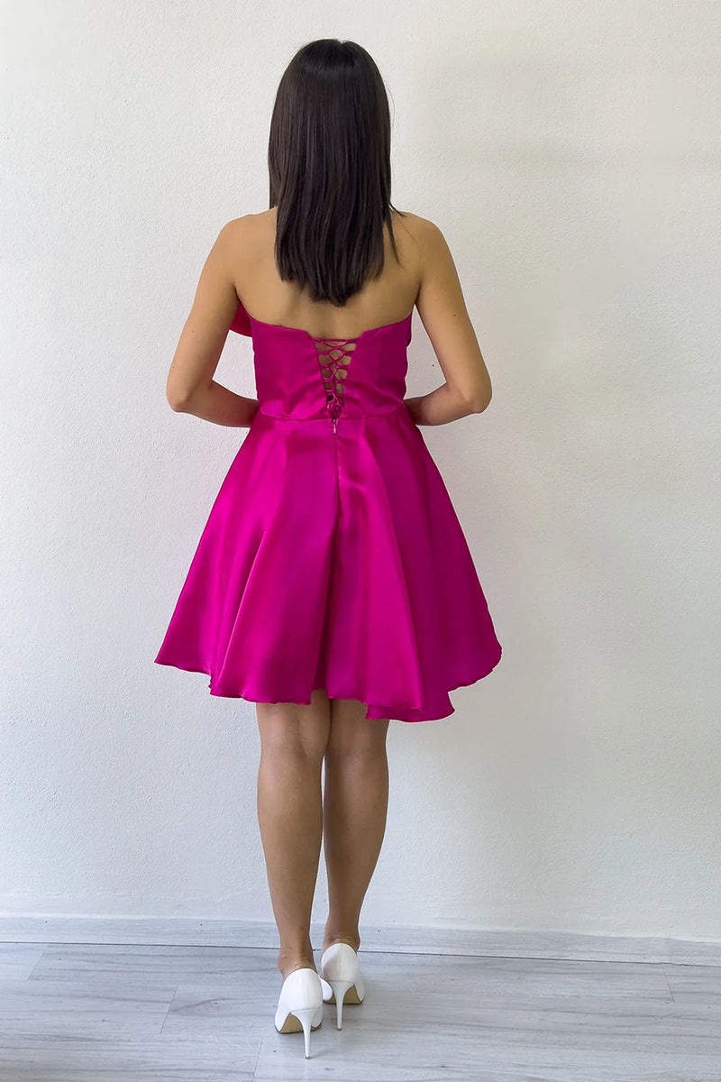 Fuşya Fiyonklu Straplez Mini Kloş Abiye Elbise 