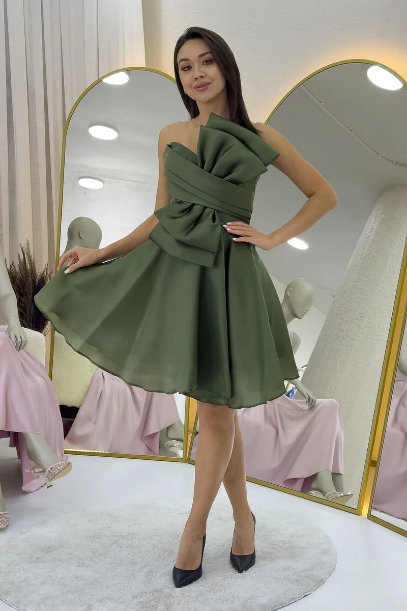 Haki Fiyonklu Straplez Mini Kloş Abiye Elbise