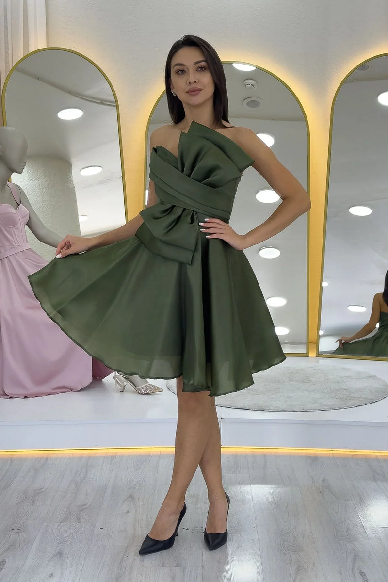 Haki Fiyonklu Straplez Mini Kloş Abiye Elbise