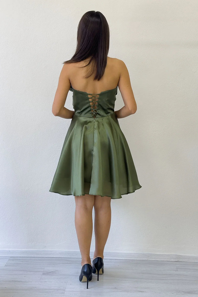 Haki Fiyonklu Straplez Mini Kloş Abiye Elbise