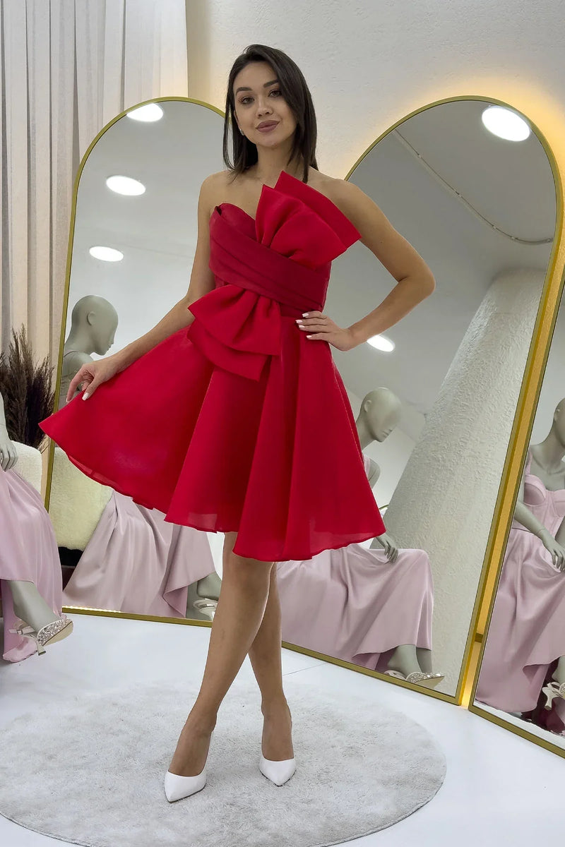 Kırmızı Fiyonklu Straplez Mini Kloş Abiye Elbise 