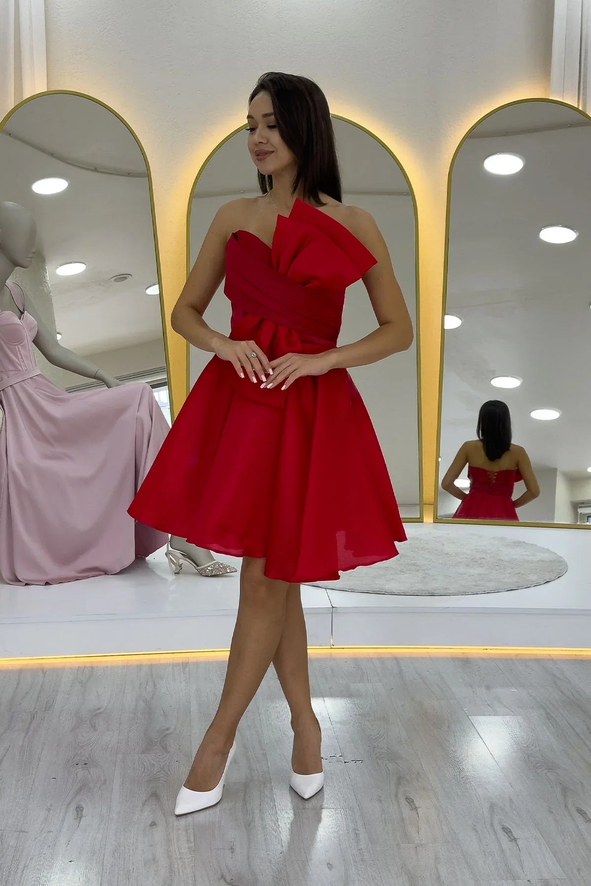 Kırmızı Fiyonklu Straplez Mini Kloş Abiye Elbise 