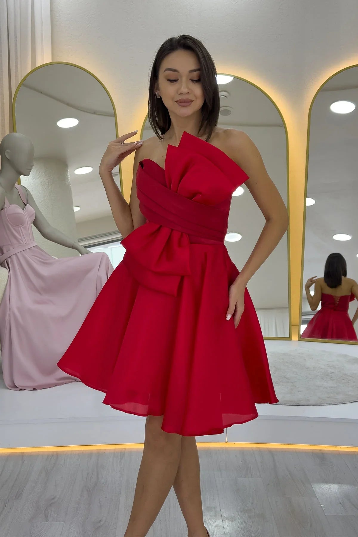 Kırmızı Fiyonklu Straplez Mini Kloş Abiye Elbise 