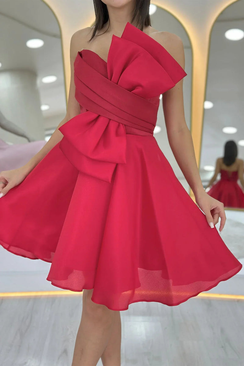 Kırmızı Fiyonklu Straplez Mini Kloş Abiye Elbise 