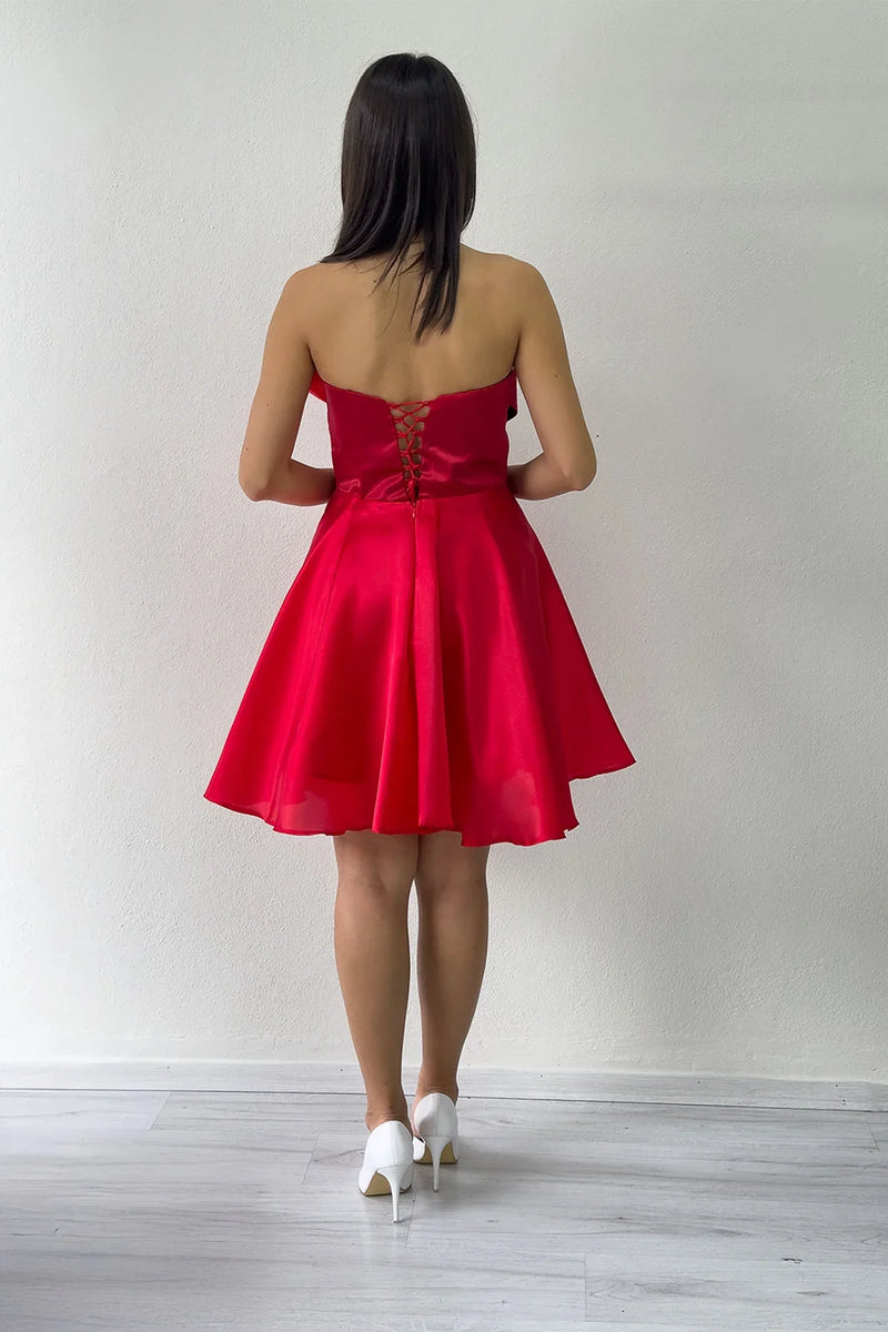 Kırmızı Fiyonklu Straplez Mini Kloş Abiye Elbise 