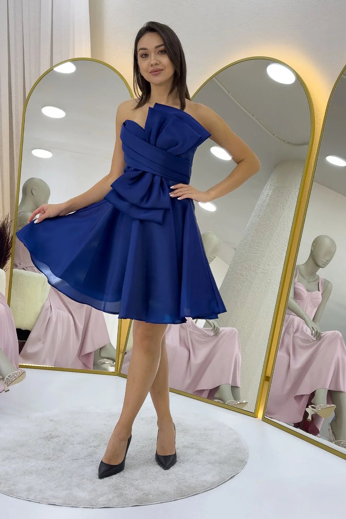 Lacivert Fiyonklu Straplez Mini Kloş Abiye Elbise