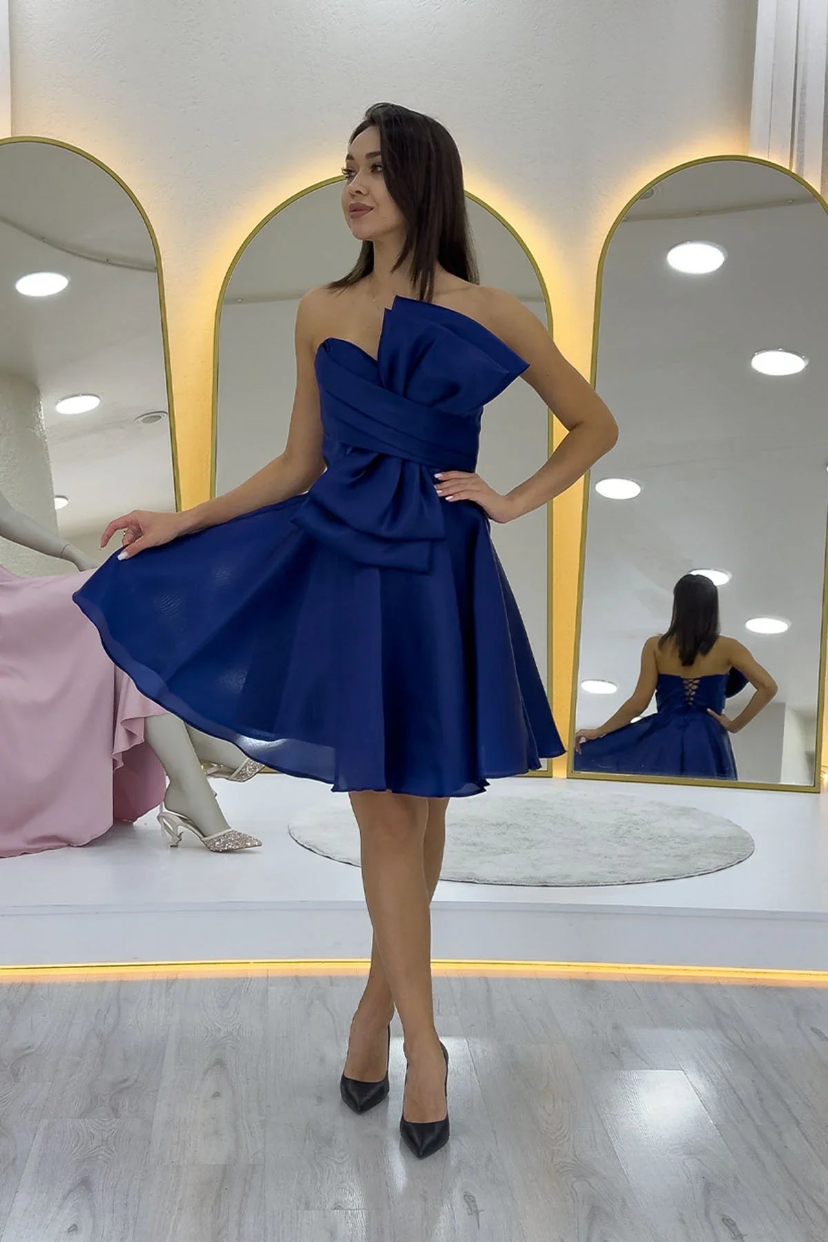 Lacivert Fiyonklu Straplez Mini Kloş Abiye Elbise