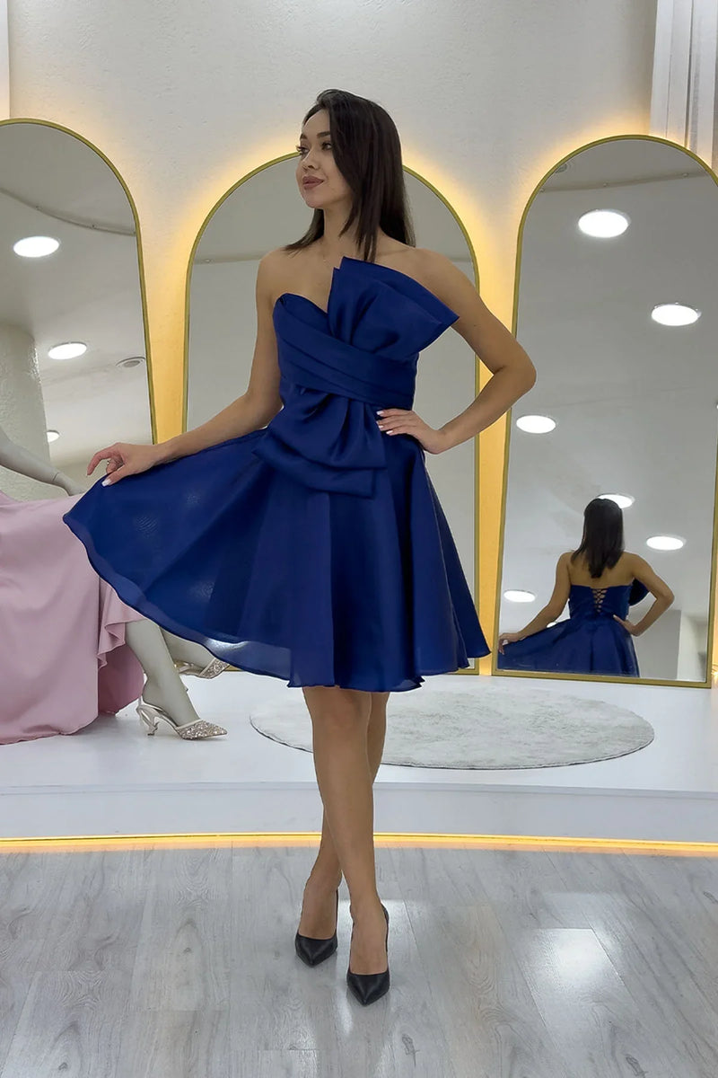 Lacivert Fiyonklu Straplez Mini Kloş Abiye Elbise