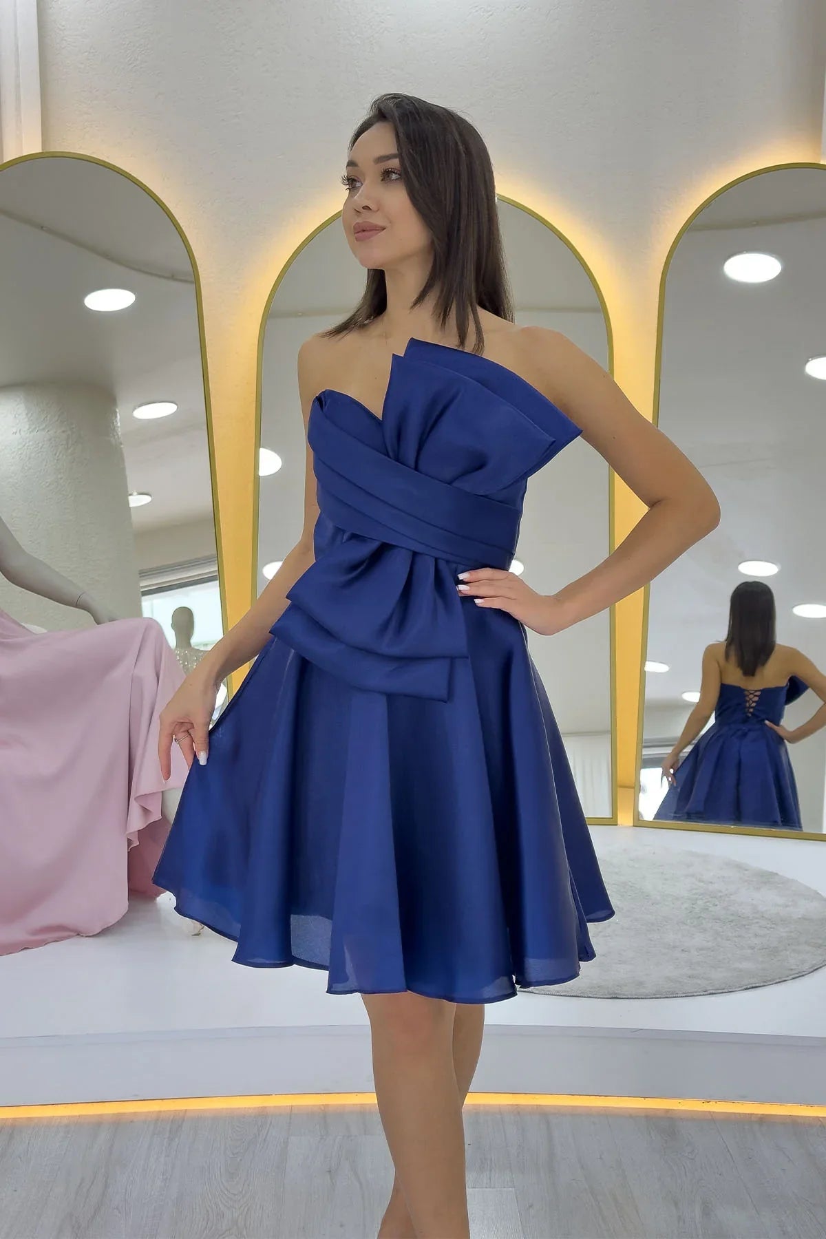 Lacivert Fiyonklu Straplez Mini Kloş Abiye Elbise