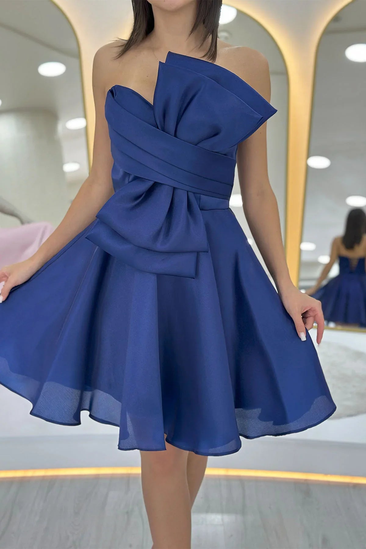 Lacivert Fiyonklu Straplez Mini Kloş Abiye Elbise