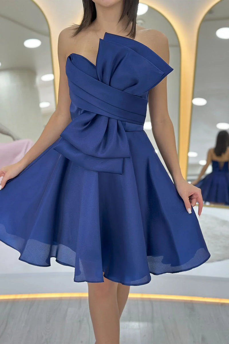 Lacivert Fiyonklu Straplez Mini Kloş Abiye Elbise