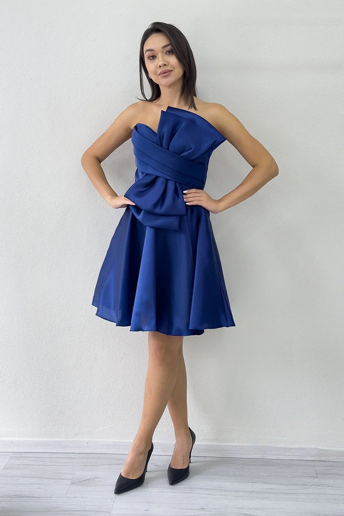 Lacivert Fiyonklu Straplez Mini Kloş Abiye Elbise