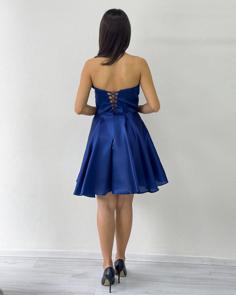 Lacivert Fiyonklu Straplez Mini Kloş Abiye Elbise