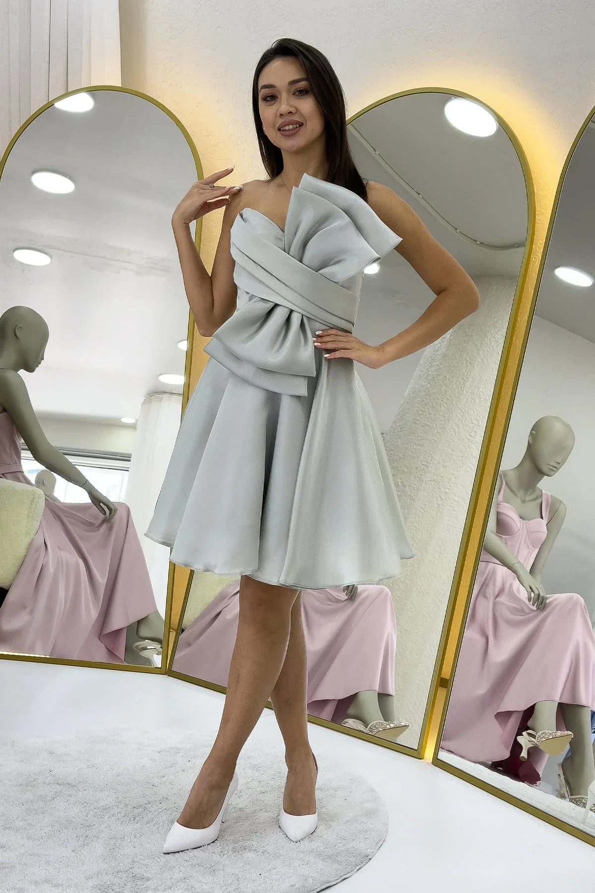 Su Yeşili Fiyonklu Straplez Mini Kloş Abiye Elbise