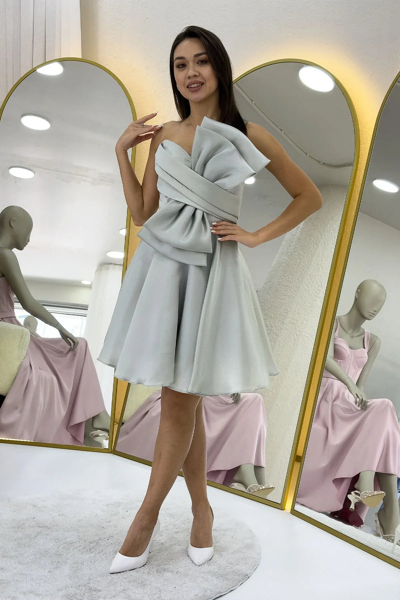 Su Yeşili Fiyonklu Straplez Mini Kloş Abiye Elbise