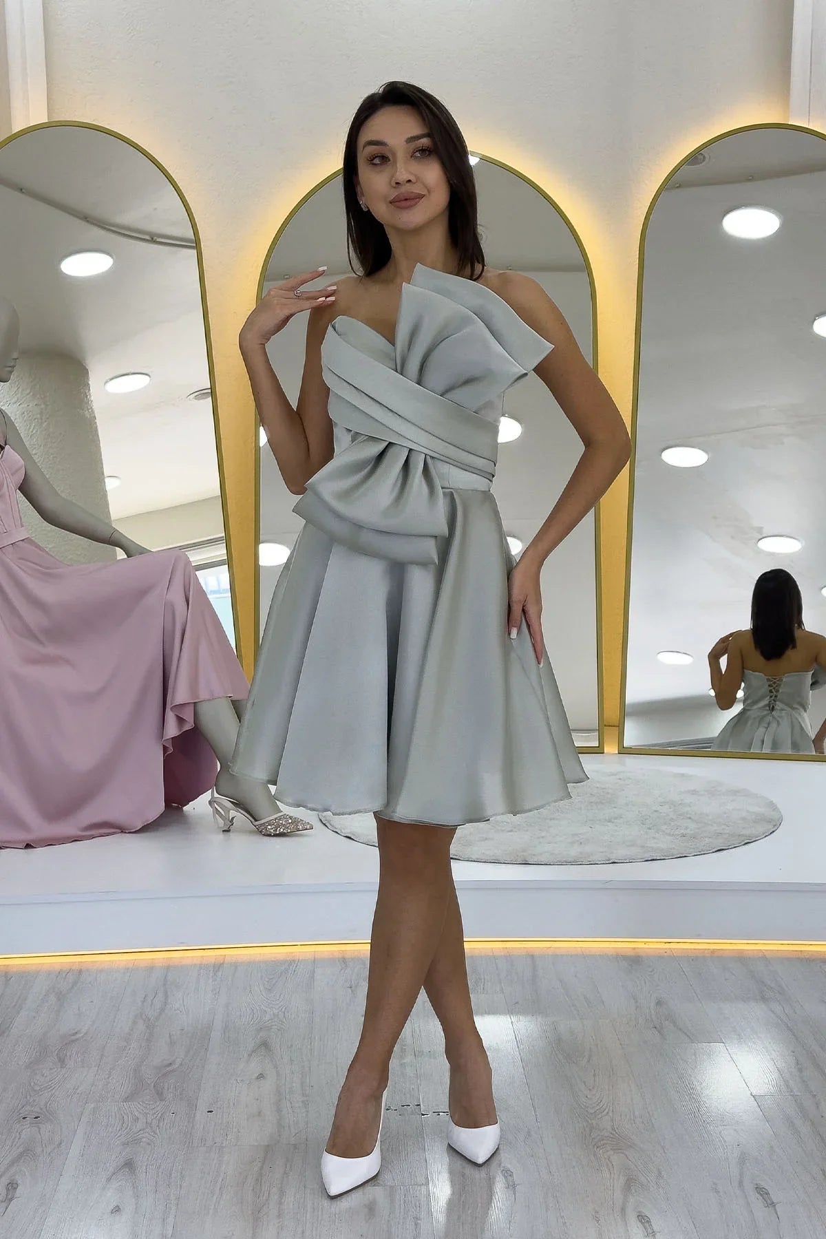 Su Yeşili Fiyonklu Straplez Mini Kloş Abiye Elbise