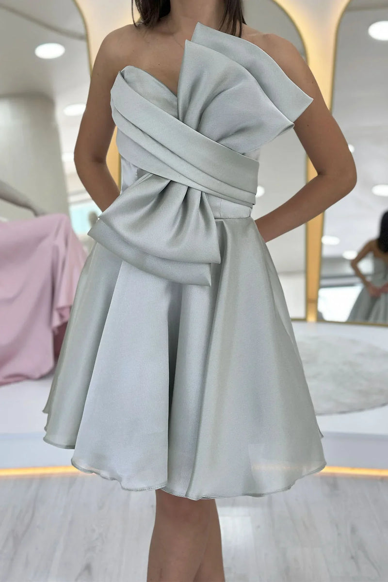 Su Yeşili Fiyonklu Straplez Mini Kloş Abiye Elbise