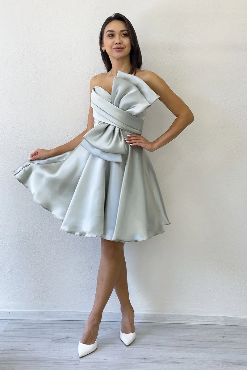 Su Yeşili Fiyonklu Straplez Mini Kloş Abiye Elbise