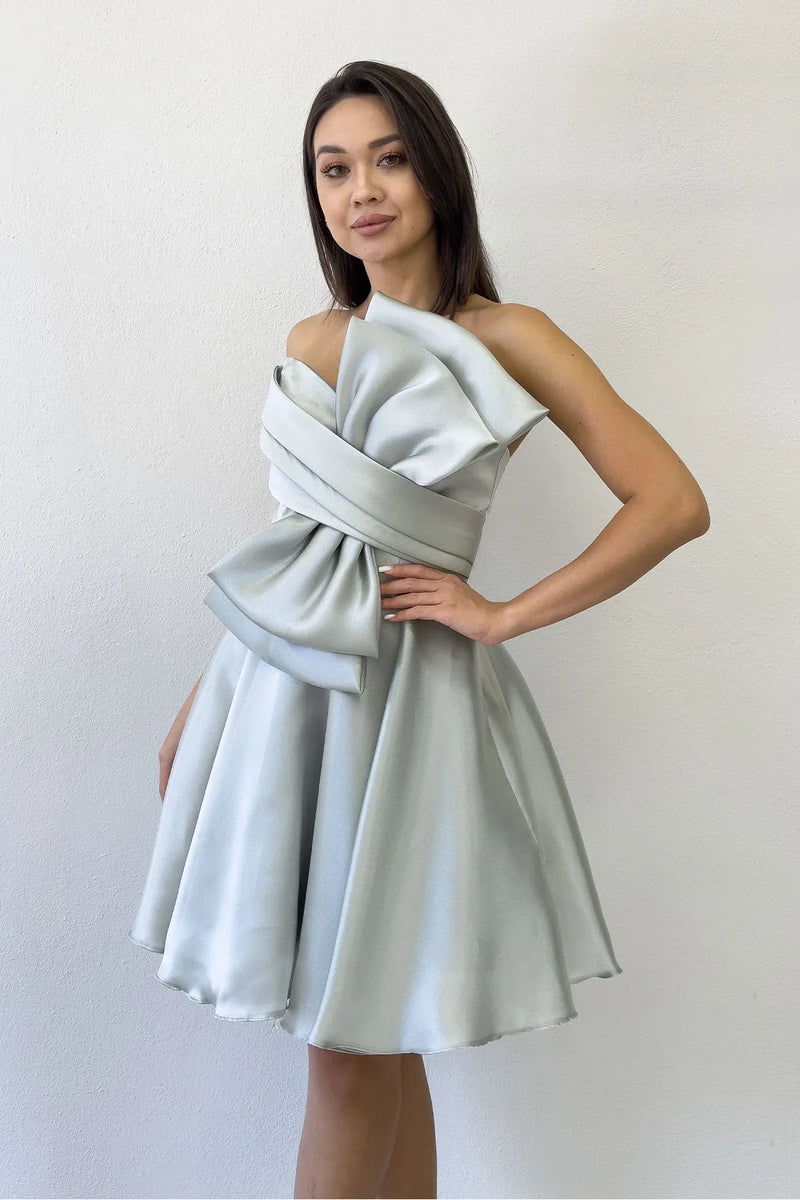 Su Yeşili Fiyonklu Straplez Mini Kloş Abiye Elbise