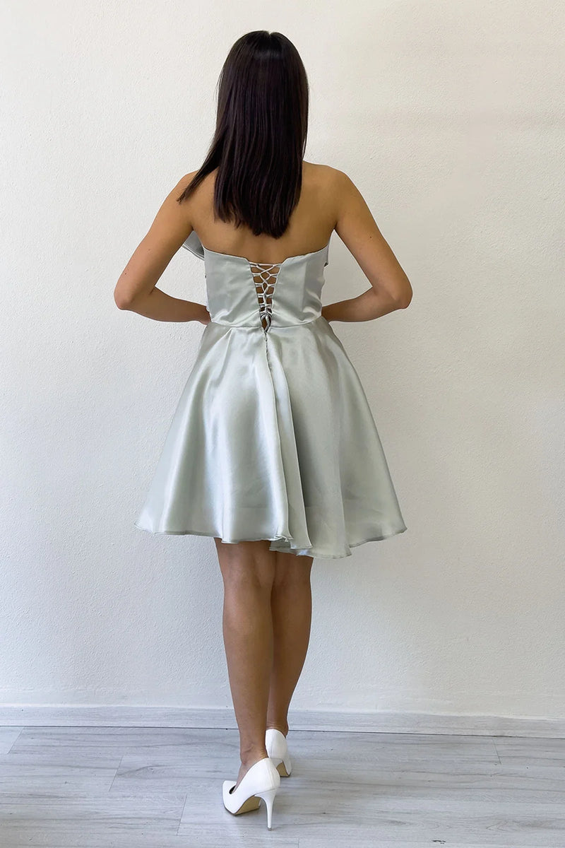 Su Yeşili Fiyonklu Straplez Mini Kloş Abiye Elbise