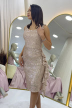 Bej Pul Payet Kalın Askılı Midi Boy FırFır Detaylı Abiye Elbise 