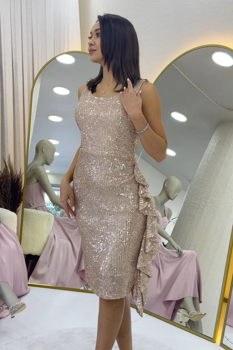 Bej Pul Payet Kalın Askılı Midi Boy FırFır Detaylı Abiye Elbise 