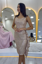 Bej Pul Payet Kalın Askılı Midi Boy FırFır Detaylı Abiye Elbise 