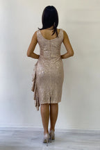 Bej Pul Payet Kalın Askılı Midi Boy FırFır Detaylı Abiye Elbise 