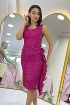 Fuşya Pul Payet Kalın Askılı Midi Boy FırFır Detaylı Abiye Elbise 