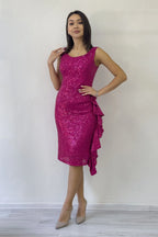 Fuşya Pul Payet Kalın Askılı Midi Boy FırFır Detaylı Abiye Elbise 