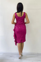 Fuşya Pul Payet Kalın Askılı Midi Boy FırFır Detaylı Abiye Elbise 