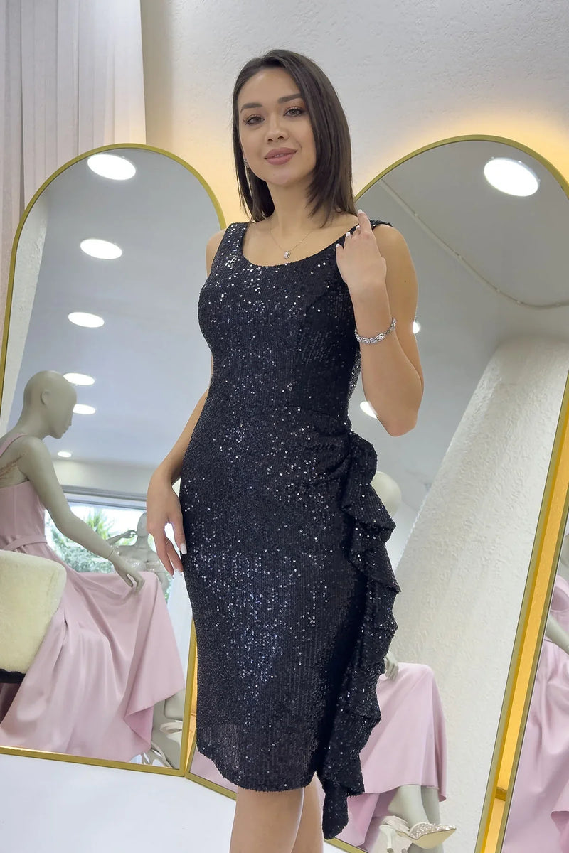 Siyah Pul Payet Kalın Askılı Midi Boy FırFır Detaylı Abiye Elbise