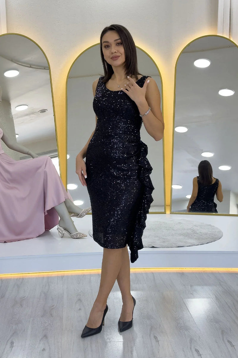 Siyah Pul Payet Kalın Askılı Midi Boy FırFır Detaylı Abiye Elbise