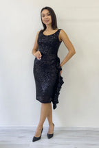 Siyah Pul Payet Kalın Askılı Midi Boy FırFır Detaylı Abiye Elbise